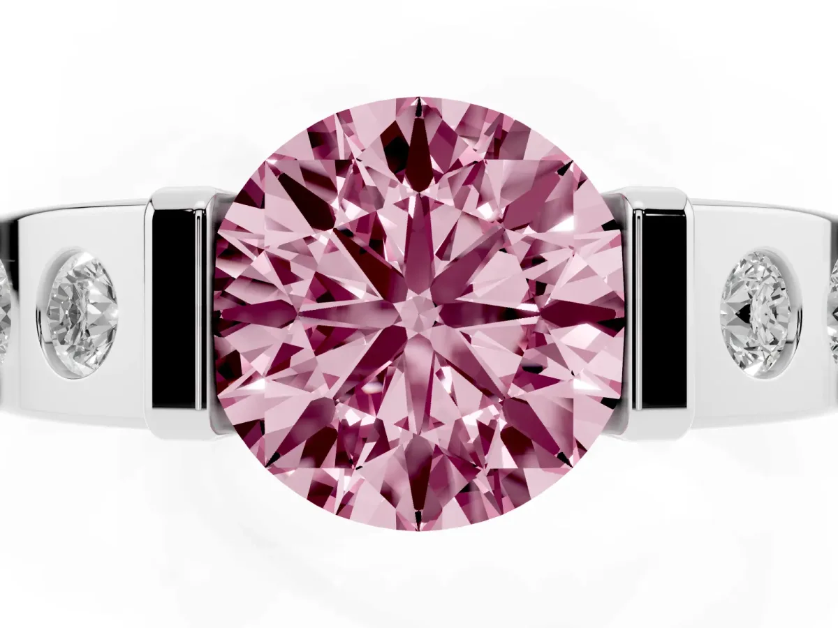 Fancy Pink Round Cut Brilliant Channel-Set Diamond Ring with Bezel Prong Setting Silver
