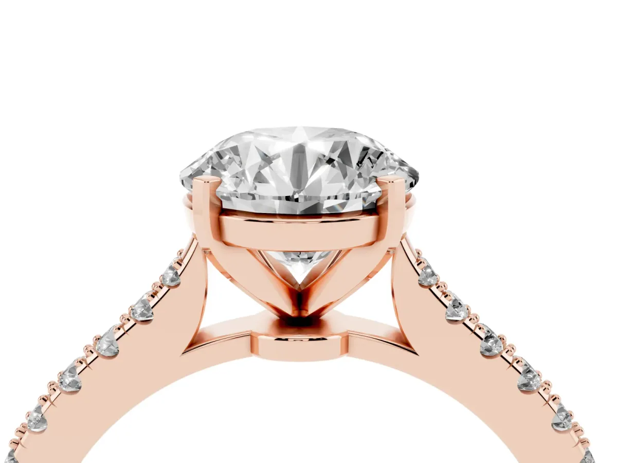Round Cut Cut Solitaire Diamond Engagement Ring with Pave Band and Four-Prong Setting Rose gold