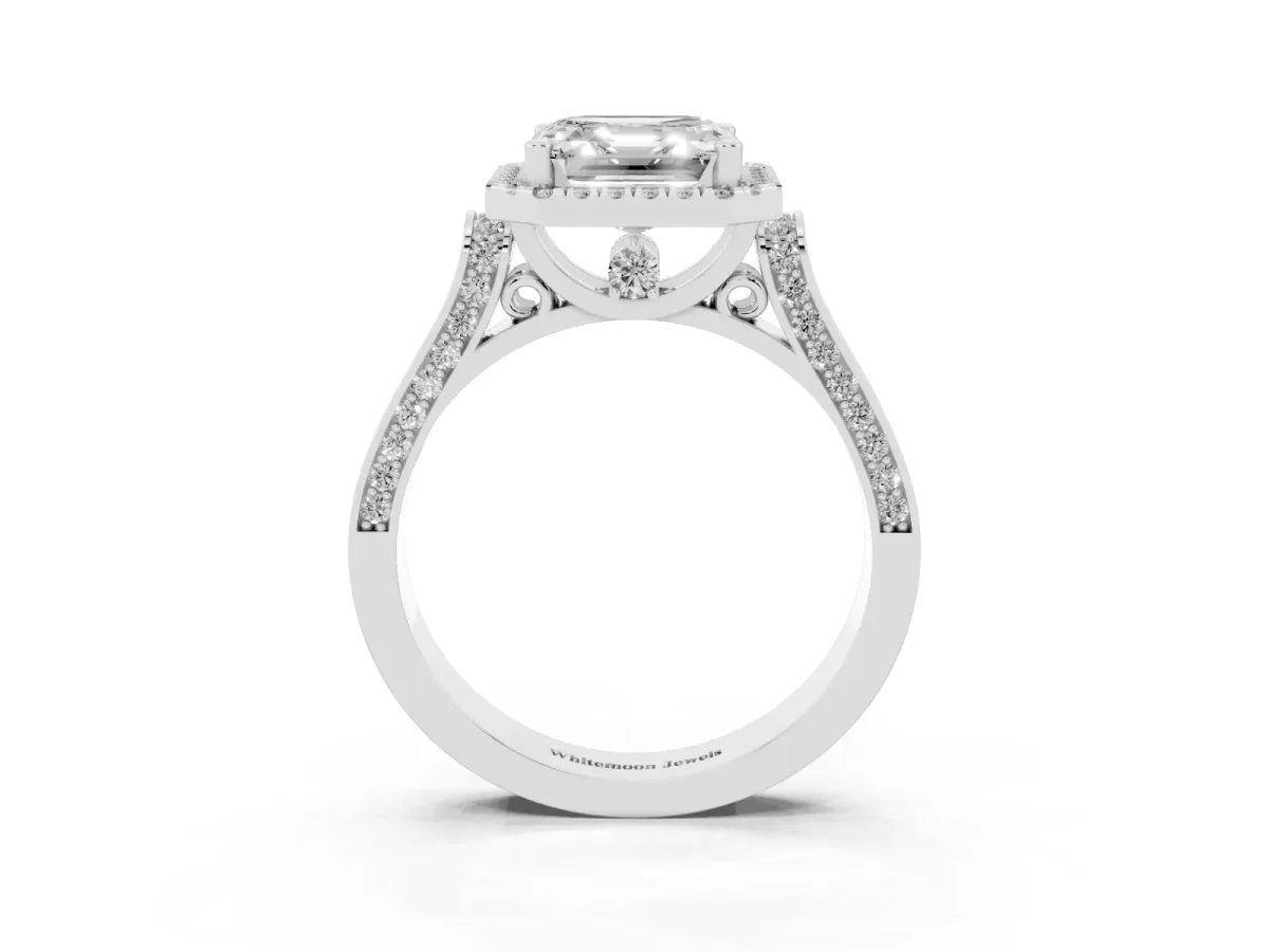 Asscher Cut Halo Pave Split Shank Prong Setting Ring Silver