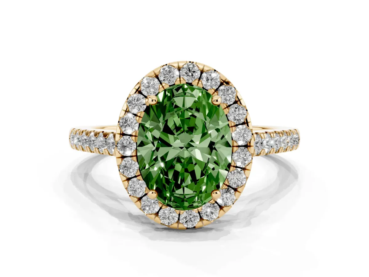Fancy Green Oval Cut Halo Pave Diamond Engagement Ring with Four-Prong Setting Yellow gold