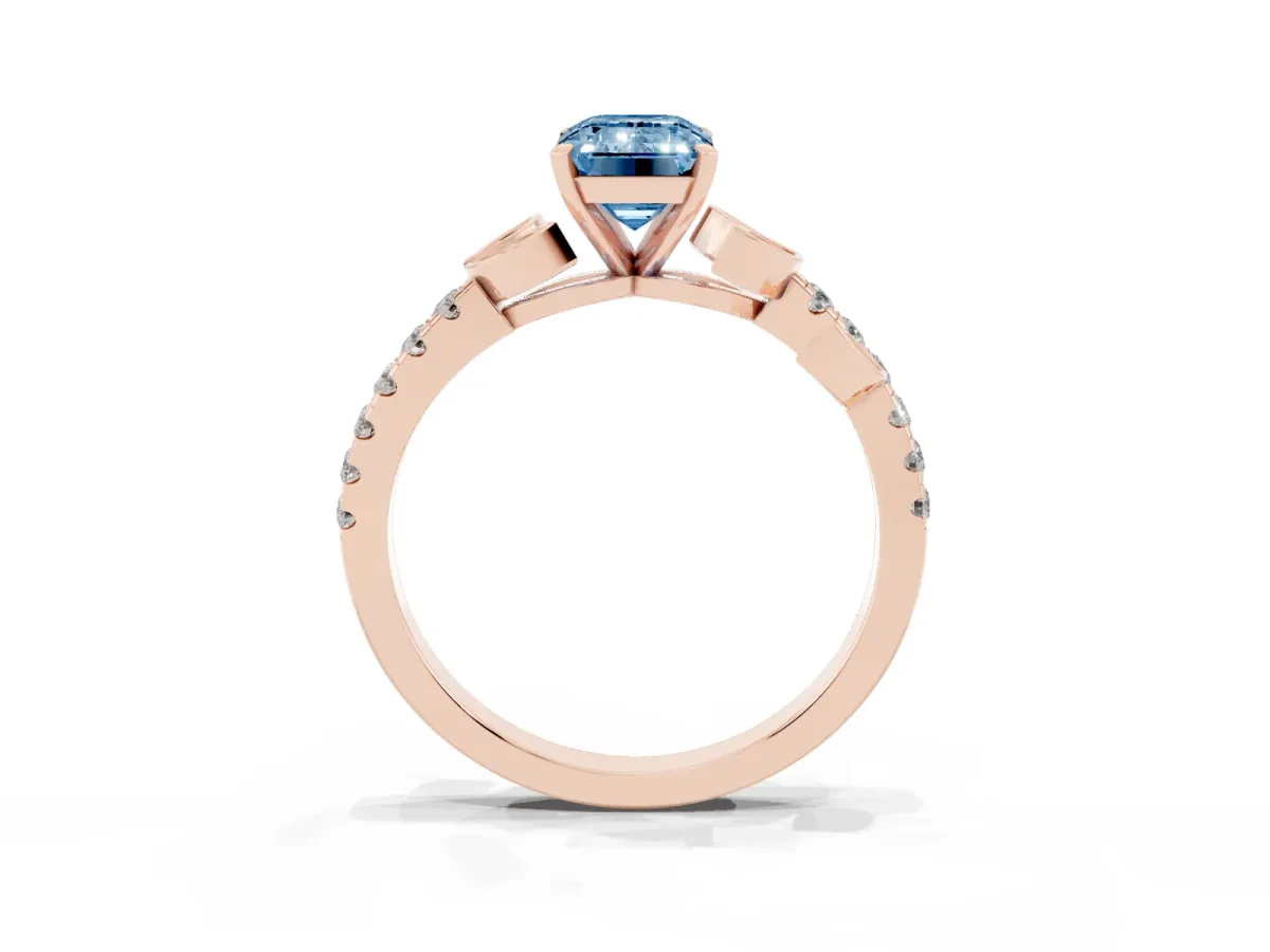 Fancy Blue Emerald Cut Solitaire Leaf-Inspired Diamond Ring with Pavé Band and Four-Prong Setting Rose gold