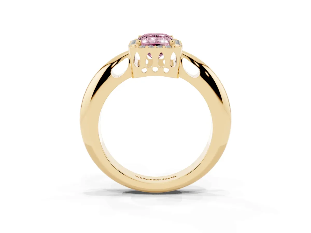Fancy Pink Emerald Cut Cut Diamond Halo Engagement Ring with Split Shank and Four-Prong Setting Yellow gold