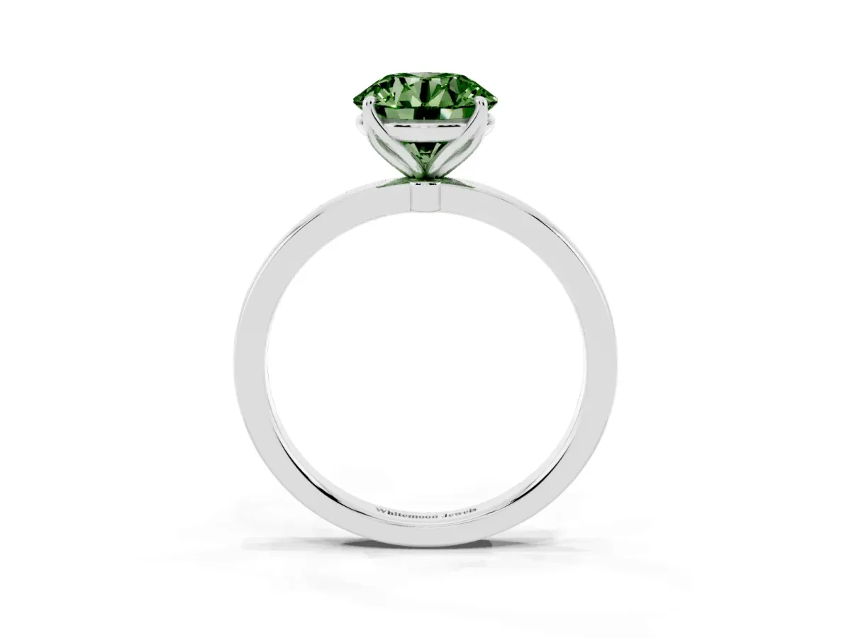 Fancy Green Round Cut Diamond Solitaire Ring with Thin Band and Prong Setting Platinum
