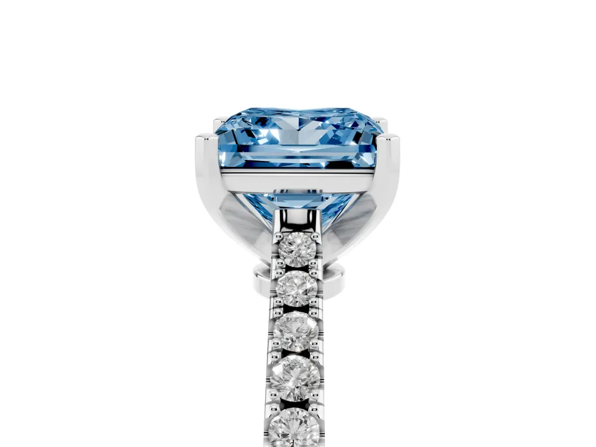 Fancy Blue Princess Cut Cut Solitaire Diamond Engagement Ring with Pave Band and Four-Prong Setting White gold