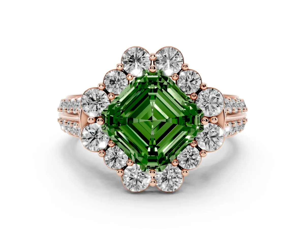 Fancy Green Asscher Cut Halo Diamond Engagement Ring with Split Shank and Prong Setting Rose gold