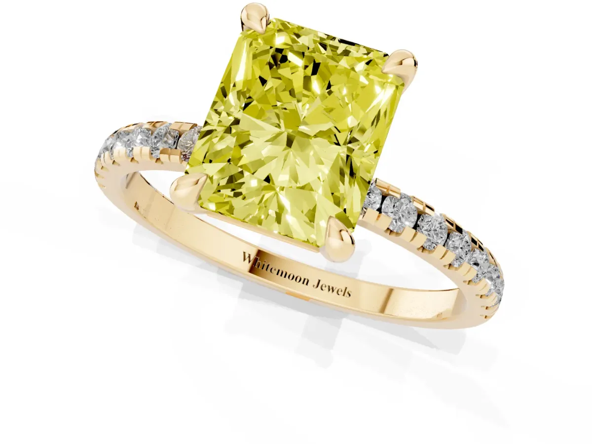 Fancy Yellow Radiant Cut Diamond Brilliant Solitaire Ring with Pavé Band and Four-Prong Setting Yellow gold