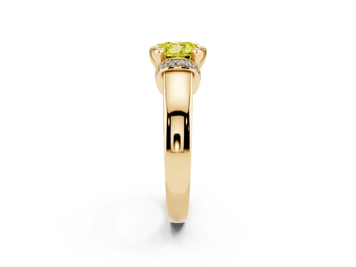 Fancy Yellow Cushion Cut Solitaire Diamond Ring with Pave Band and Six-Prong Setting Yellow gold
