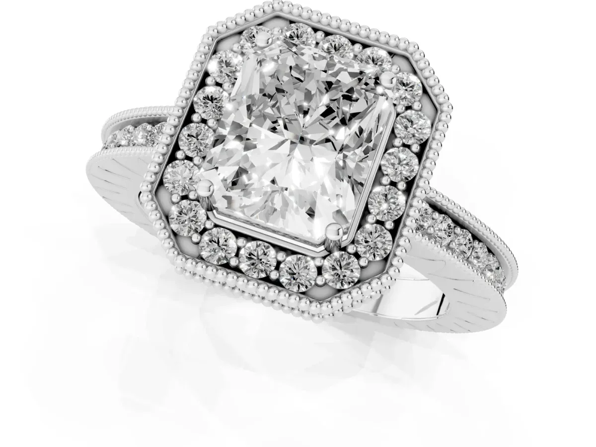 Radiant Cut Diamond Milgrain Halo Engagement Ring with Round Pavé Band and Prong Setting White gold