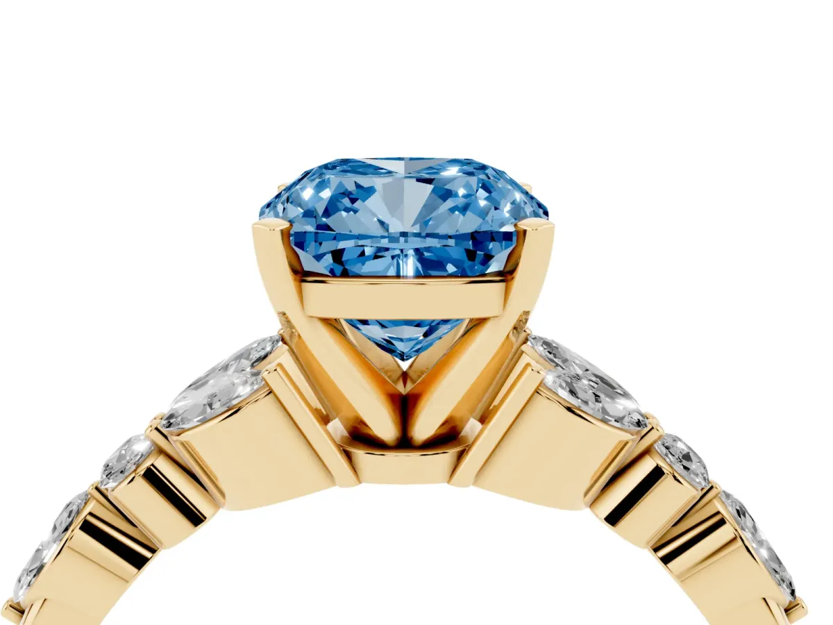 Fancy Blue Cushion Cut Diamond Solitaire Ring with Side Stones and Four-Prong Setting Yellow gold