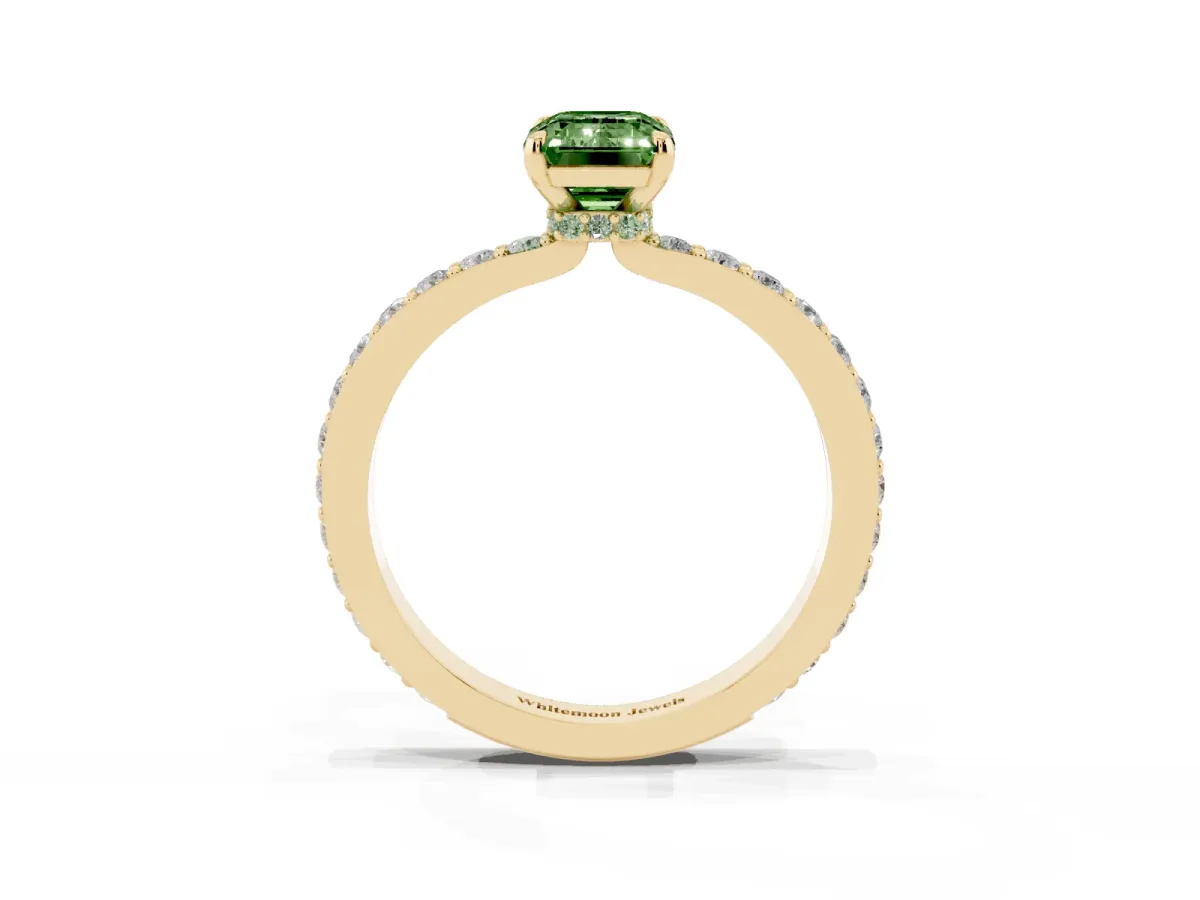Fancy Green Emerald Cut Diamond Pavé Engagement Ring with Round Accents and Prong Setting Yellow gold