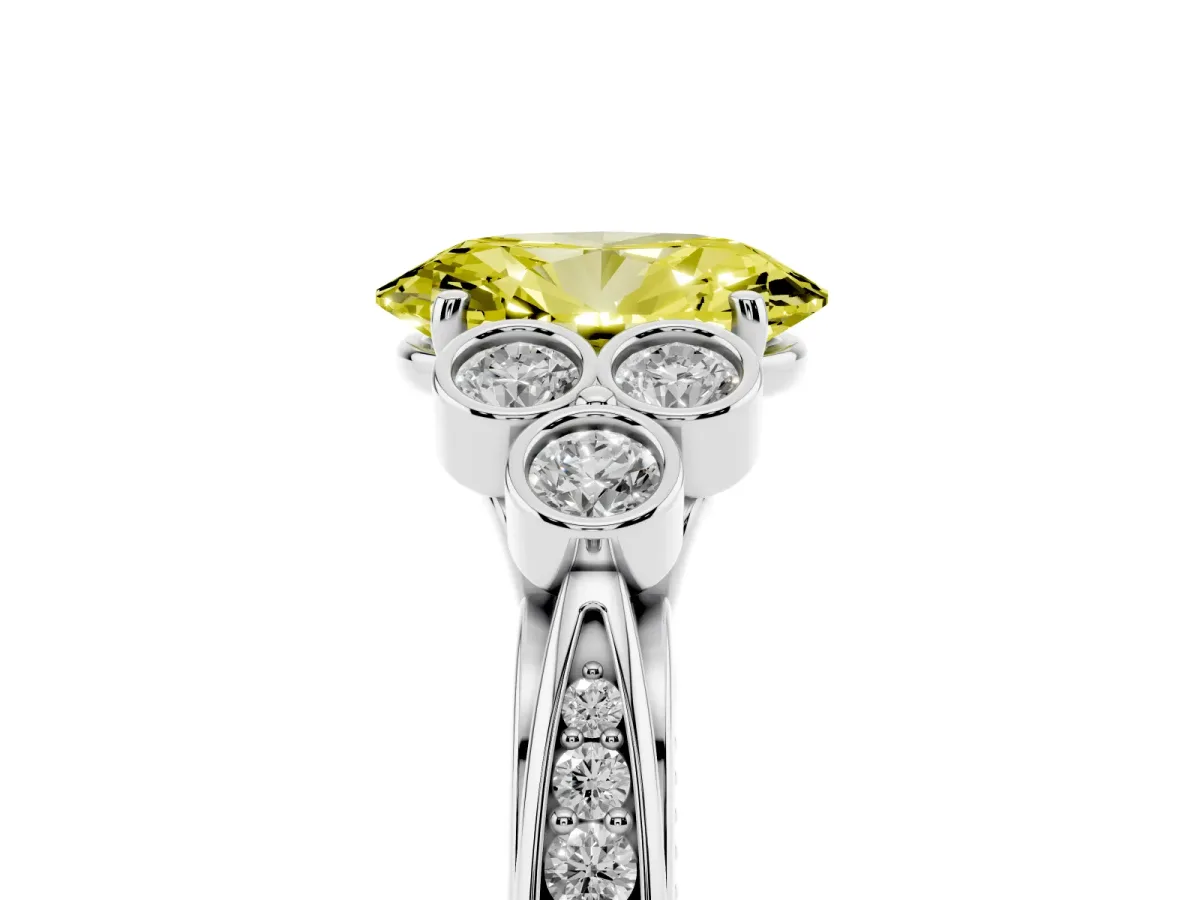 Fancy Yellow Oval Cut Cut Diamond Engagement Ring with Bezel Set Round Side Stones and Prong Setting Silver
