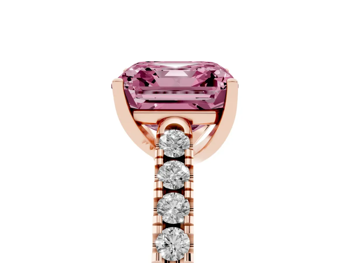 Fancy Pink Asscher Cut Diamond Pavé Band Solitaire Ring with Prong Setting Rose gold