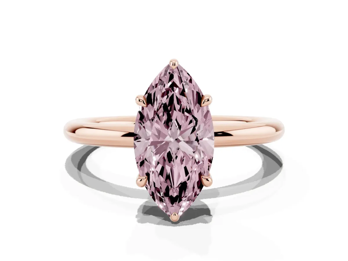 Fancy Pink Marquise Cut Diamond Solitaire Ring with Thin Band and Four-Prong Setting Rose gold