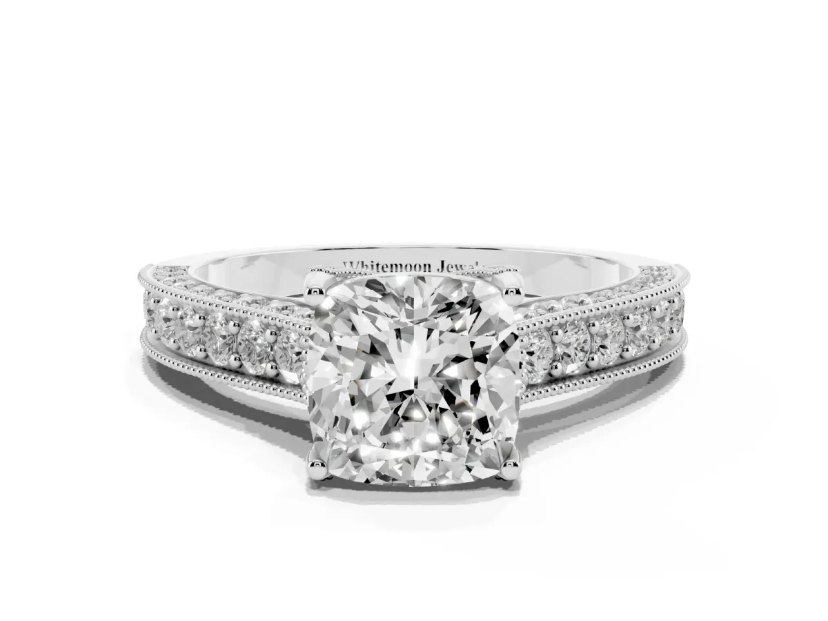 Cushion Cut Cut Diamond Solitaire Ring with Milgrain Pave Band and Four Prong Setting Silver
