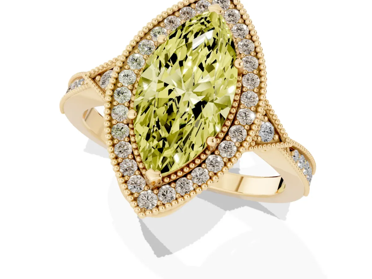 Fancy Yellow Marquise Cut Halo Round Diamond Milgrain Pave Engagement Ring Yellow gold