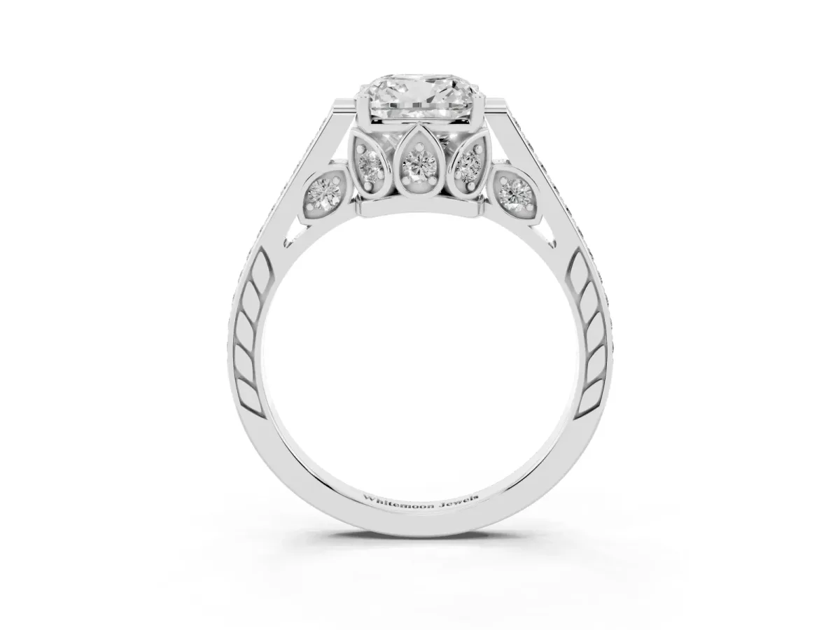 Cushion Cut Cut Cathedral Pave Diamond Engagement Ring with Six-Prong Setting Silver