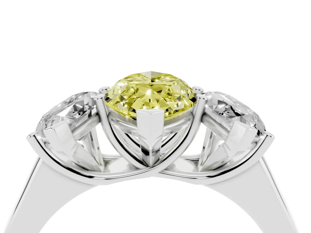Fancy Yellow Marquise Cut Three-Stone Diamond Ring with Prong Setting on a Classic Band Silver