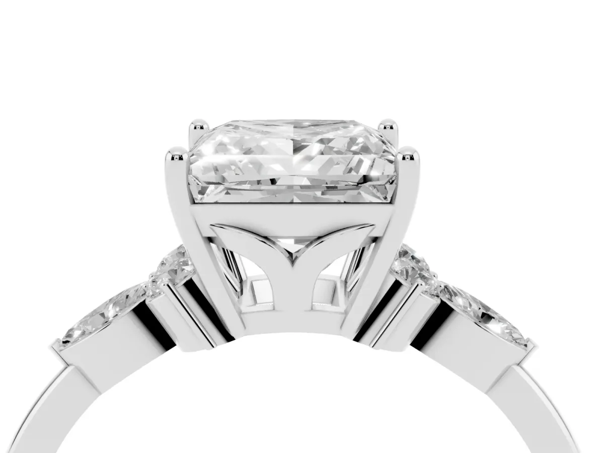 Princess Cut Brilliant Diamond Solitaire Ring with Pear Side Stones and Four-Prong Setting Silver
