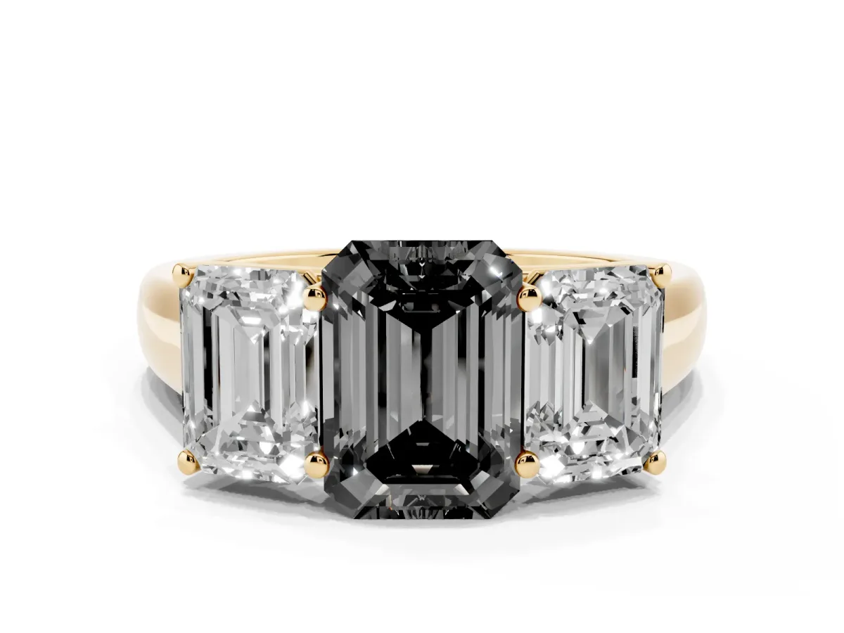 Fancy Black Emerald Cut Three-Stone Diamond Ring with Prong Setting on a Classic Band Yellow gold