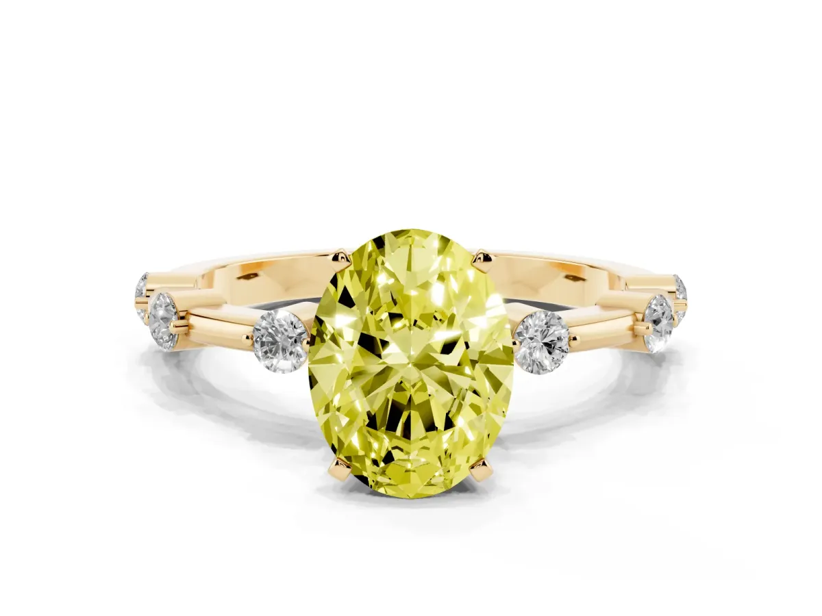 Fancy Yellow Oval Cut Solitaire Diamond Ring with Bezel Set Side Stones and Prong Setting Yellow gold