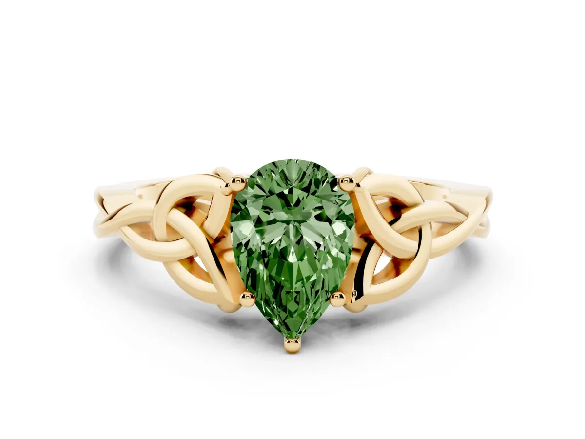 Fancy Green Pear Cut Diamond Solitaire Engagement Ring with Celtic Knot Band and Four-Prong Setting Yellow gold