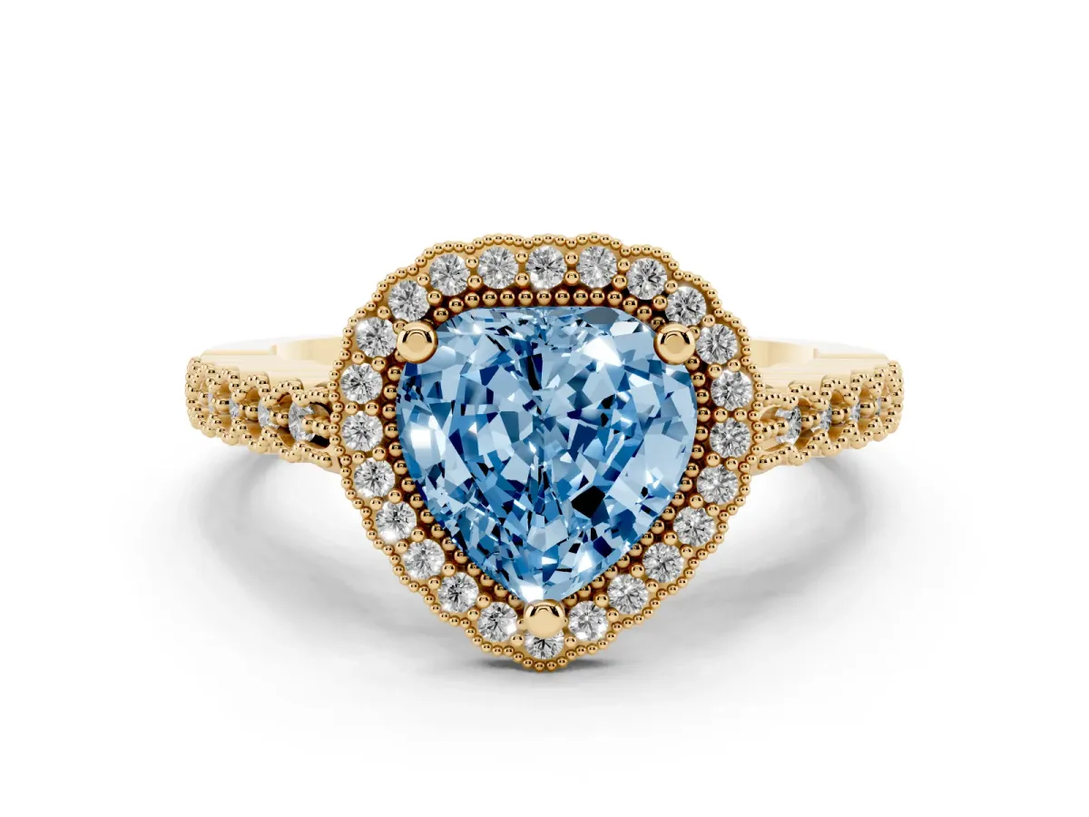 Fancy Blue Heart Cut Cut Halo Pavé Solitaire Ring with Milgrain Band Yellow gold