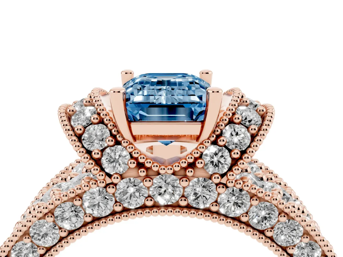 Fancy Blue Emerald Cut Halo Pave Diamond Engagement Ring with Milgrain Detailing Rose gold