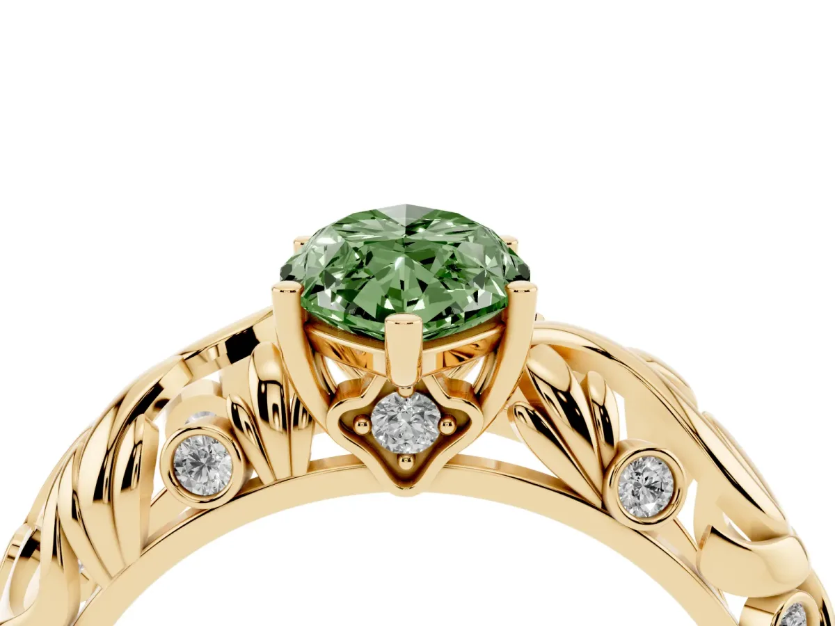Fancy Green Marquise Cut Solitaire Diamond Leaf-Inspired Vine Band Ring with Prong Setting Yellow gold