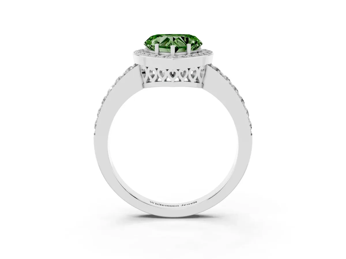 Fancy Green Heart Cut Halo Diamond Pavé Band Ring with Prong Setting Platinum