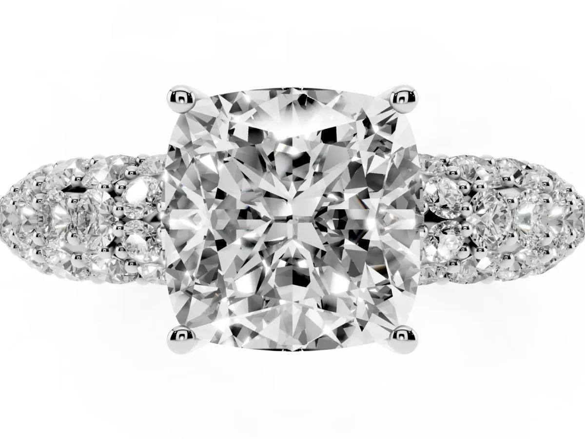 Cushion Cut Diamond Pavé Band Solitaire Ring with Four-Prong Setting Silver