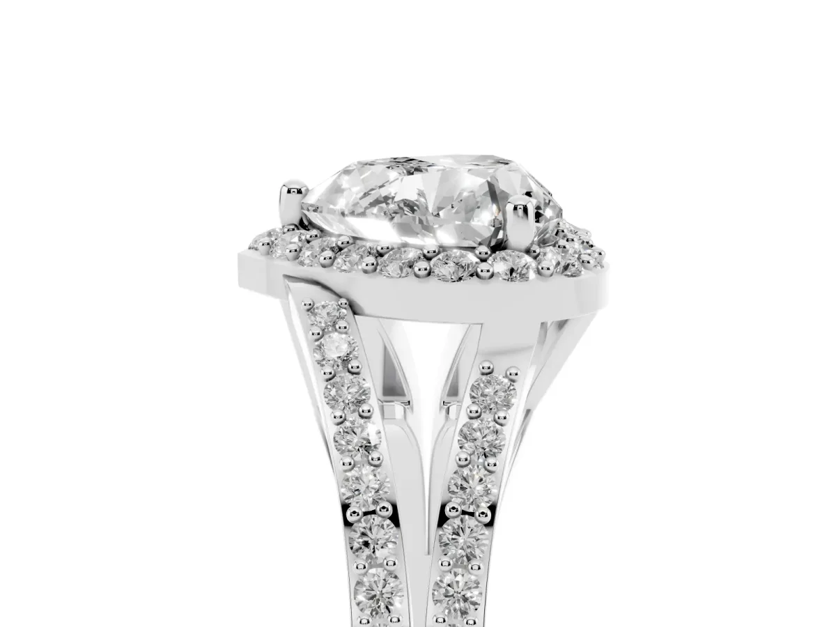 Heart Cut Halo Split Shank Diamond Ring with Prong Setting Silver