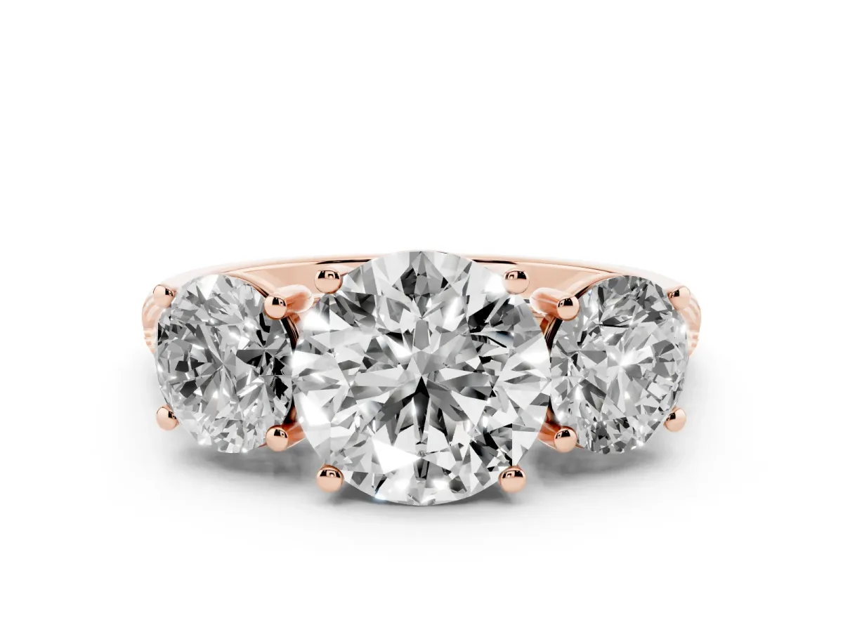 Three-Stone Round Cut Diamond Ring with Round Pavé Band and Prong Setting Rose gold