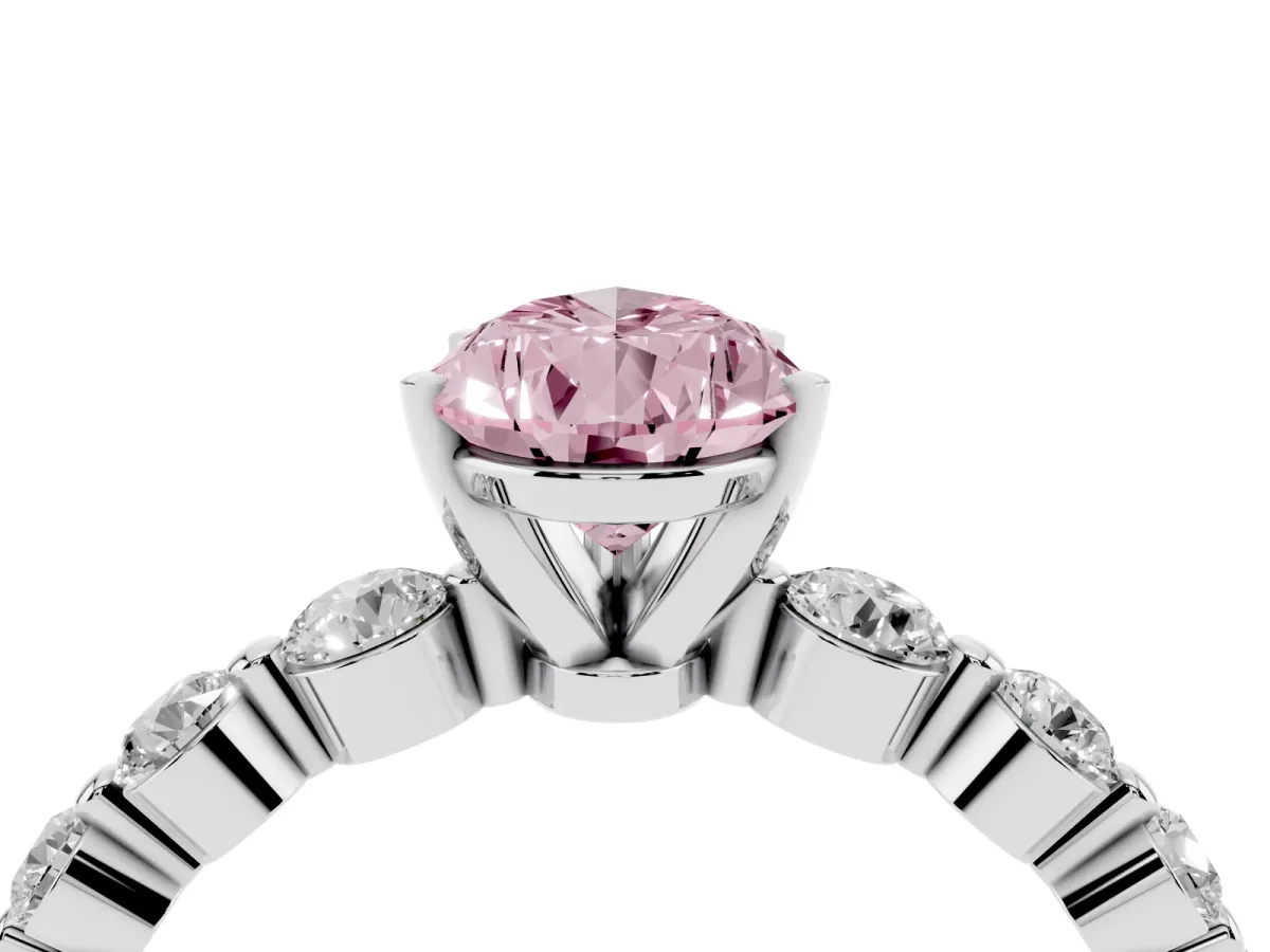 Fancy Pink Pear Cut Solitaire Diamond Ring with Pave Band and Four-Prong Setting Silver