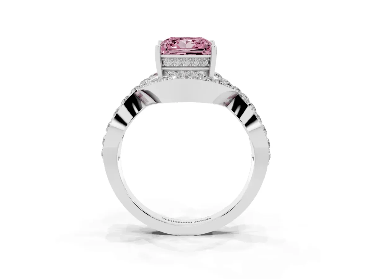 Fancy Pink Princess Cut Solitaire Twist Band Pavé Diamond Engagement Ring Silver