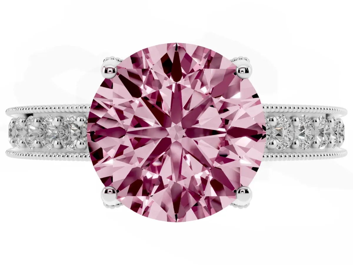 Fancy Pink Round Cut Cut Diamond Solitaire Ring with Milgrain Pave Band and Four Prong Setting Silver