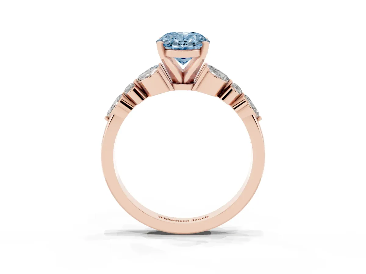 Fancy Blue Oval Cut Diamond Solitaire Ring with Side Stones and Four-Prong Setting Rose gold