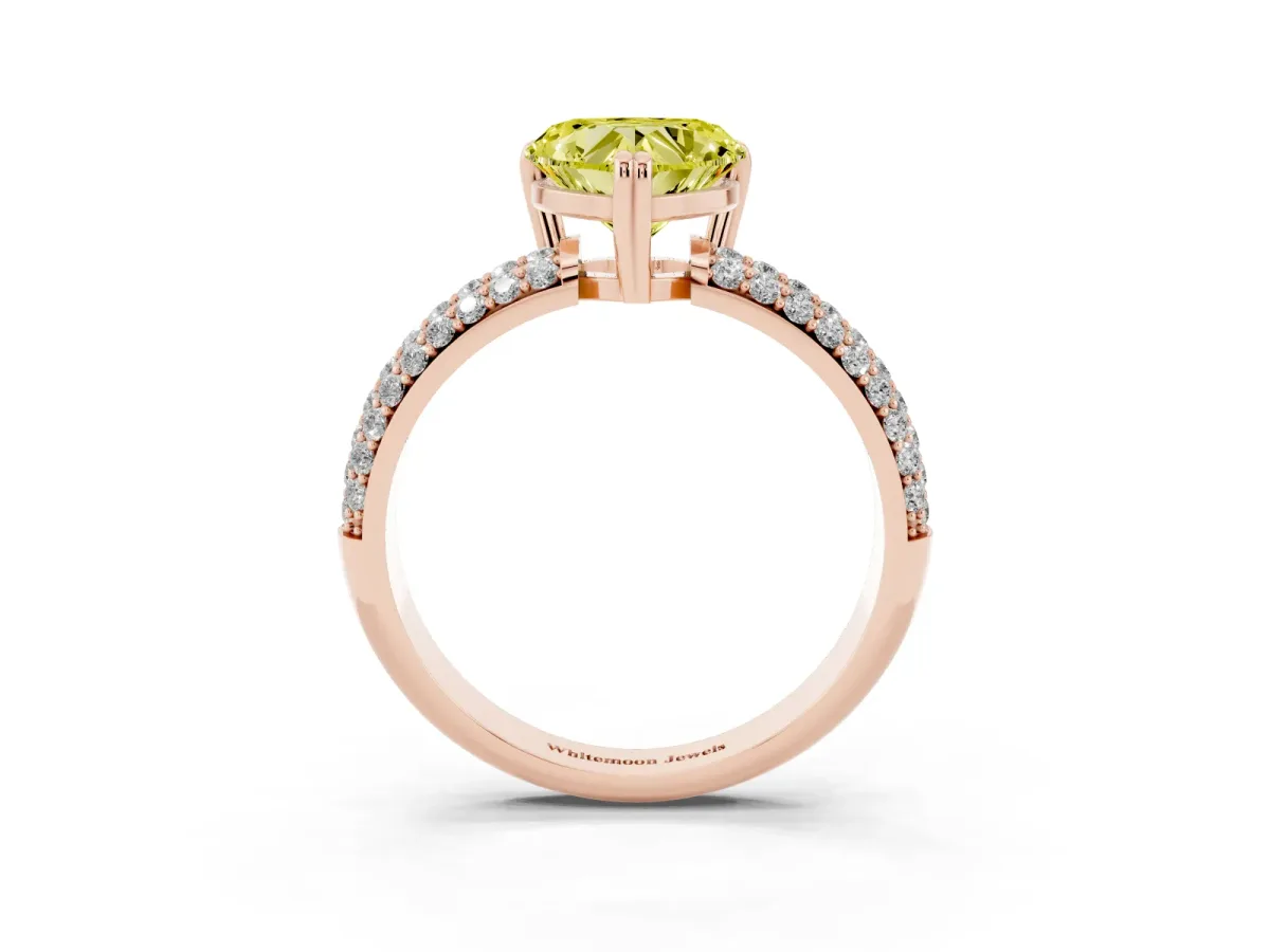 Fancy Yellow Heart Cut Diamond Solitaire Ring with Multi-Row Round Pavé Band and Prong Setting Rose gold