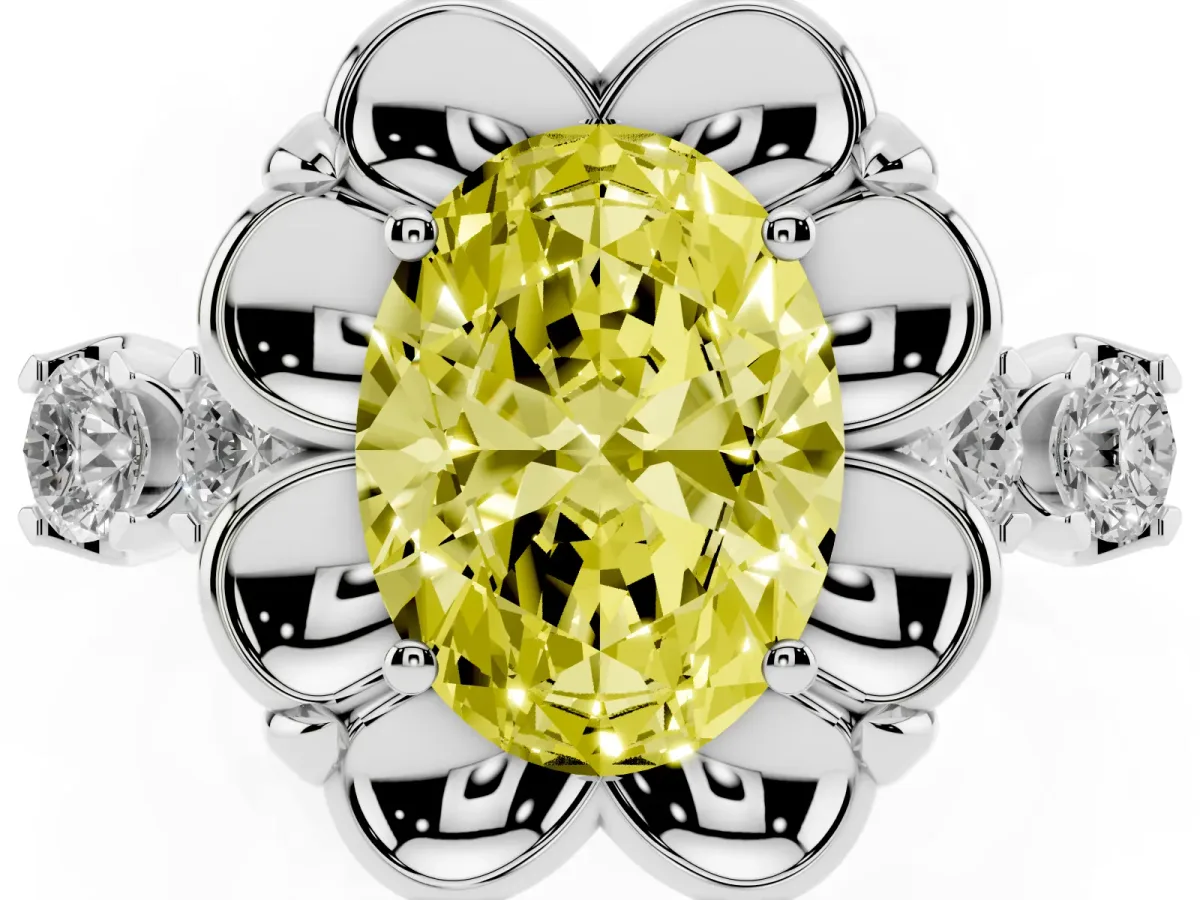 Fancy Yellow Oval Cut Cut Diamond Floral Halo Engagement Ring with Shared Prong Setting Silver