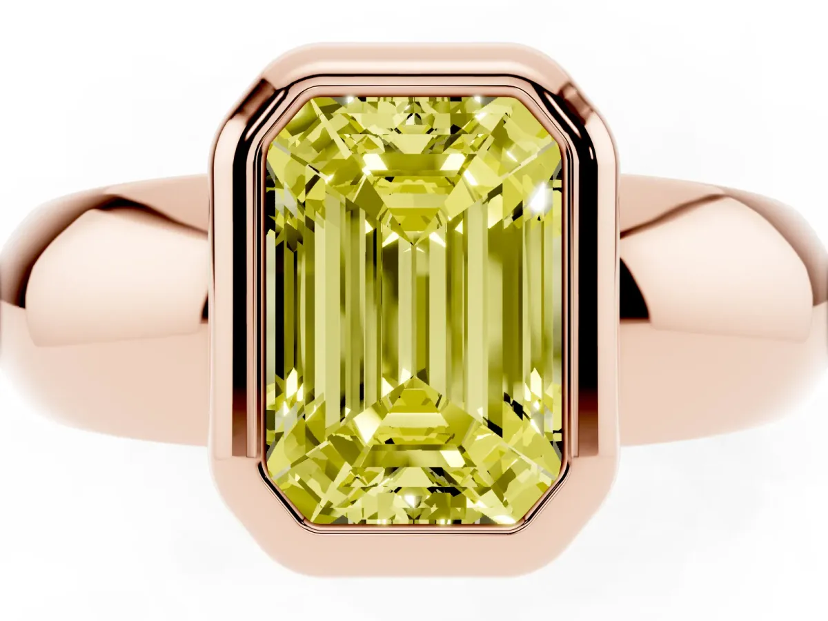 Fancy Yellow Bezel Set Emerald Cut Solitaire Ring with Wide Band Rose gold