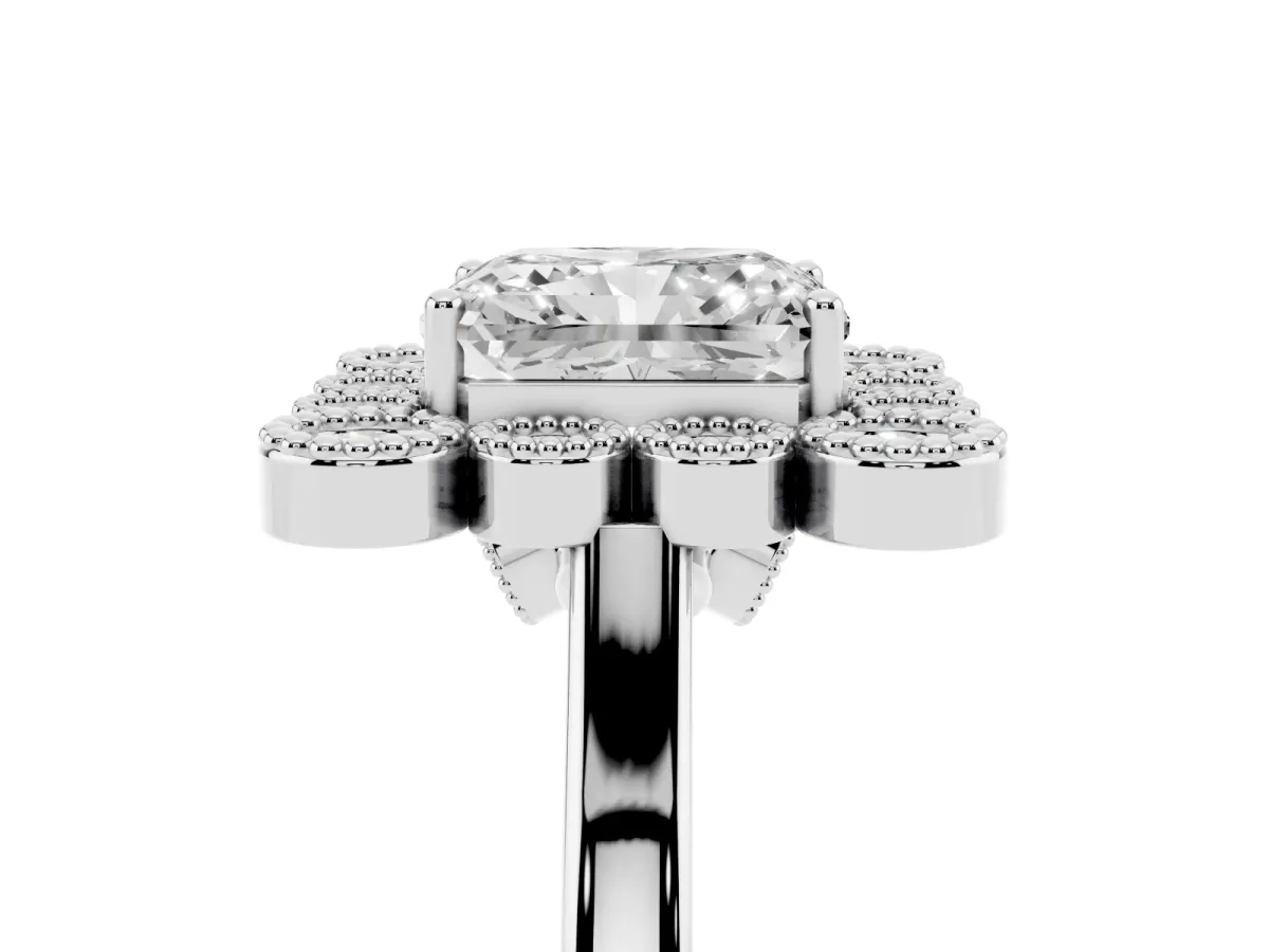 Radiant Cut Halo Diamond Cluster Engagement Ring with Milgrain Bezel Setting and Solitaire Band Silver