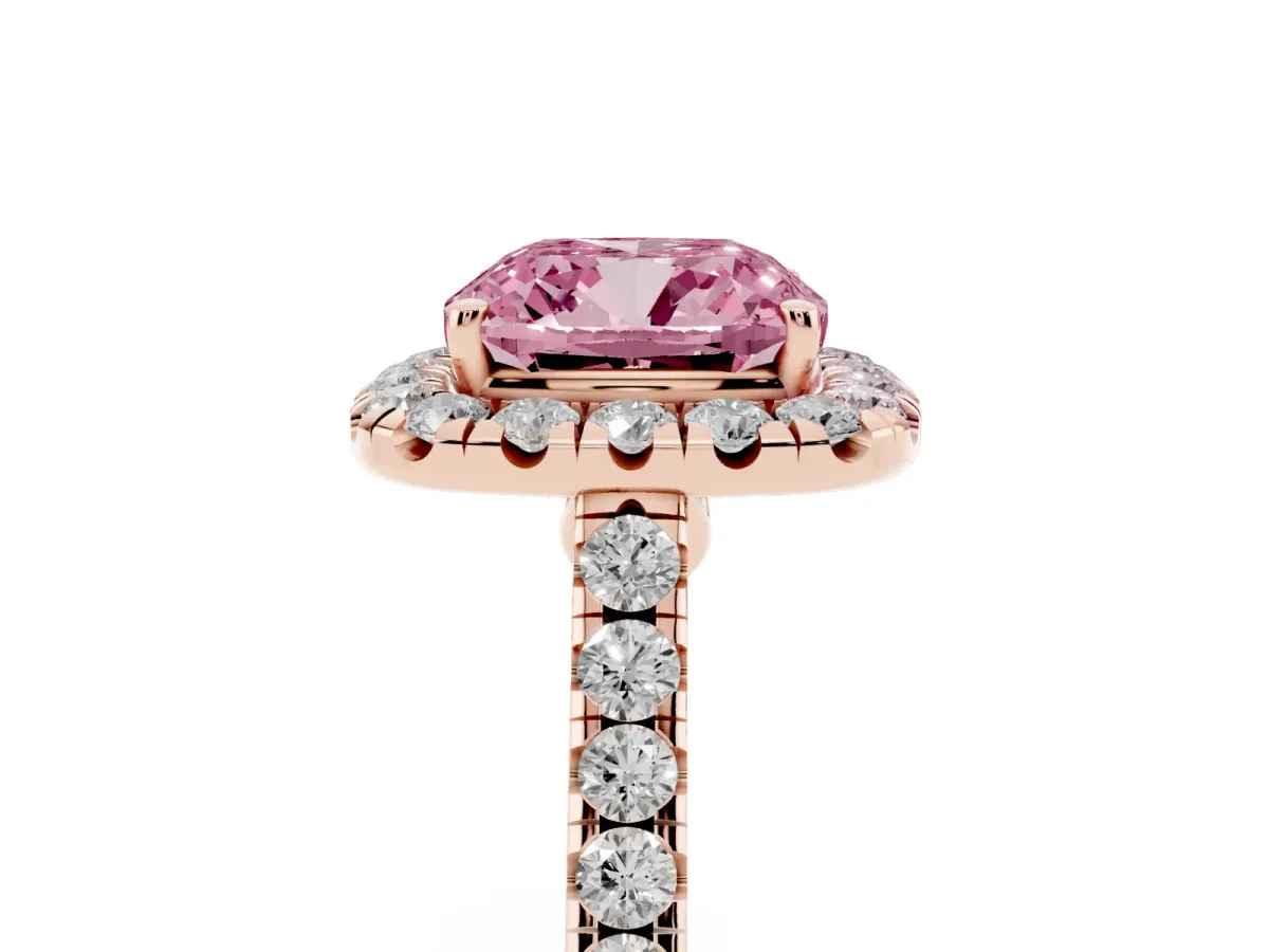 Fancy Pink Cushion Cut Halo Pave Diamond Engagement Ring with Four-Prong Setting Rose gold