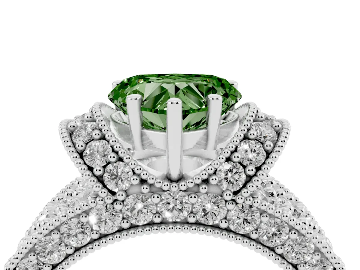 Fancy Green Heart Cut Halo Pave Diamond Engagement Ring with Milgrain Detailing White gold