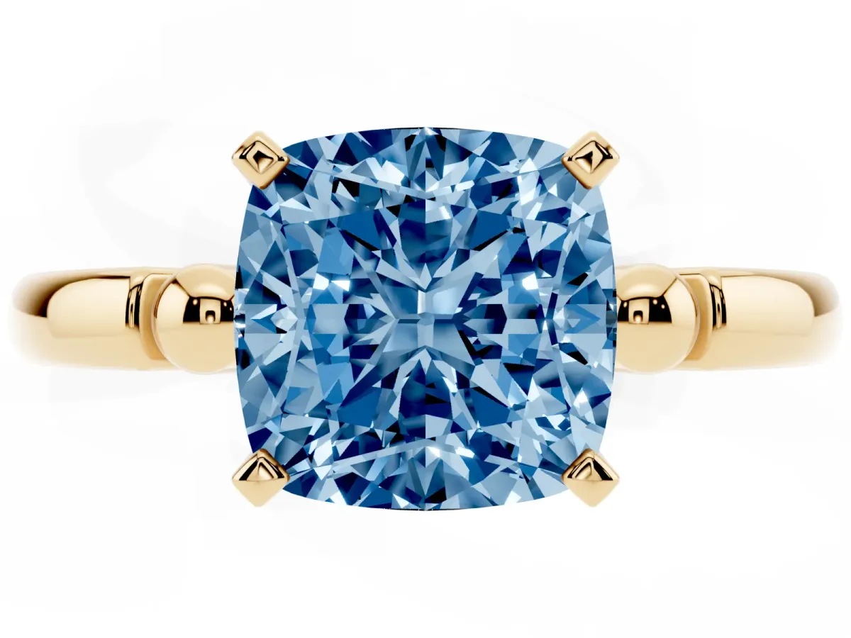 Fancy Blue Cushion Cut Solitaire Beaded Band with Four-Prong Setting Yellow gold