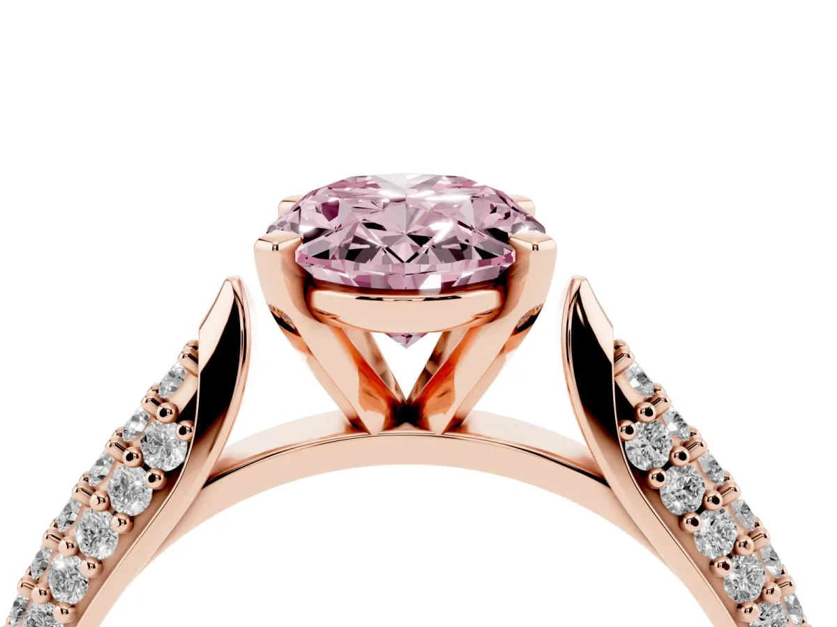Fancy Pink Oval Cut Diamond Solitaire Engagement Ring with Multi-Row Round Pavé Band and Prong Setting Rose gold