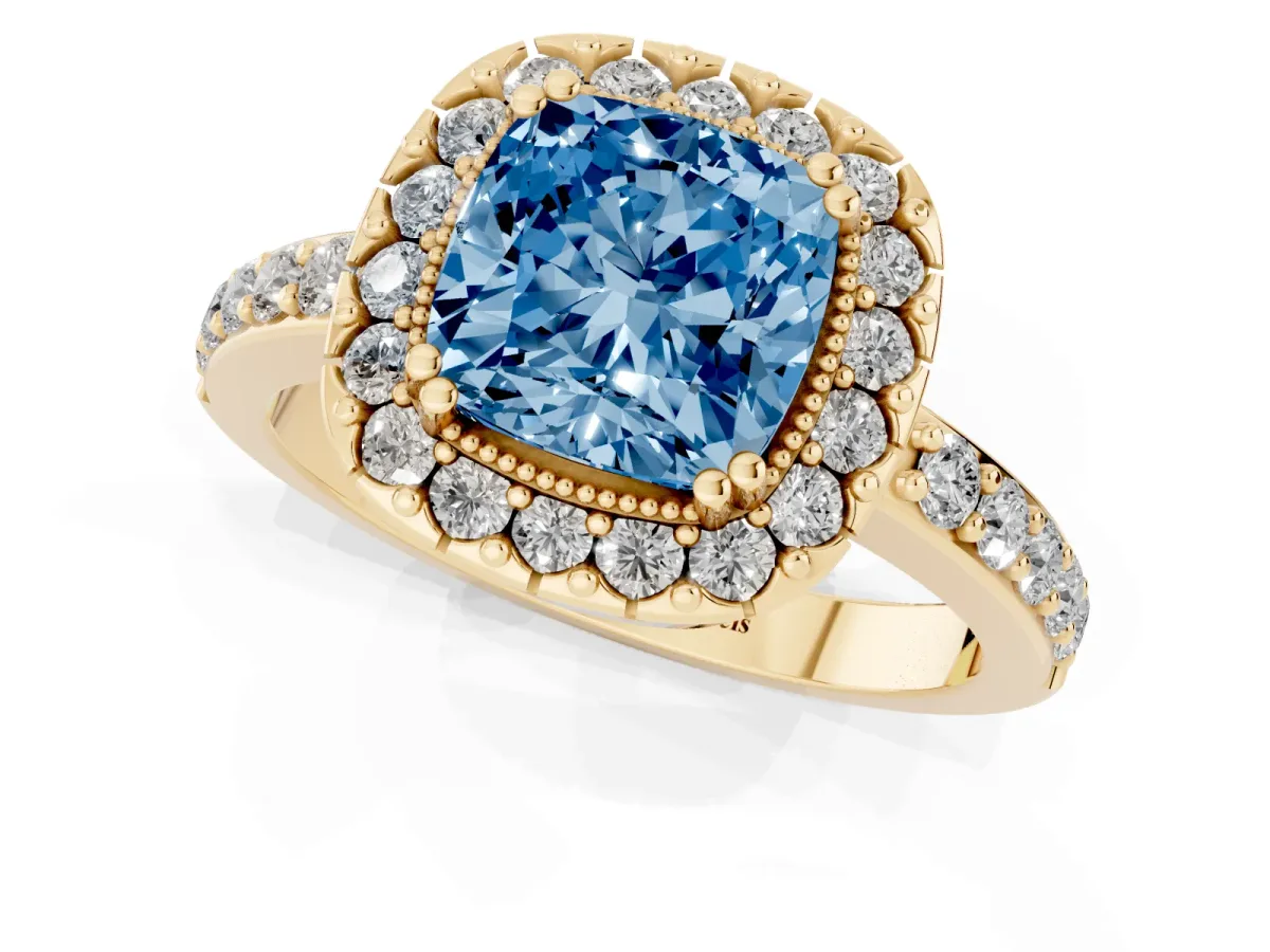Fancy Blue Cushion Cut Diamond Halo Ring with Pavé Band and Prong Setting Yellow gold