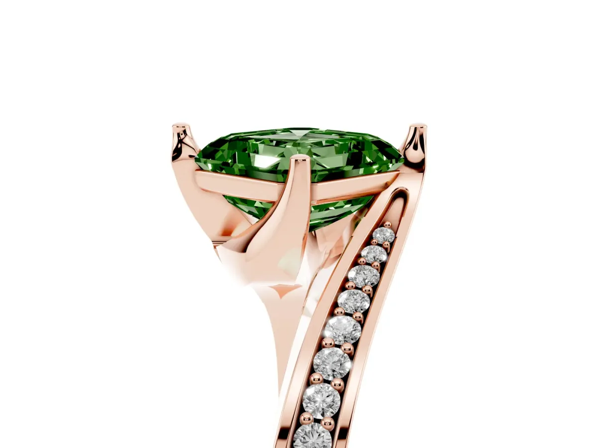 Fancy Green Asscher Cut Solitaire Diamond Twist Band with Pavé Setting and Four-Prong Setting Rose gold