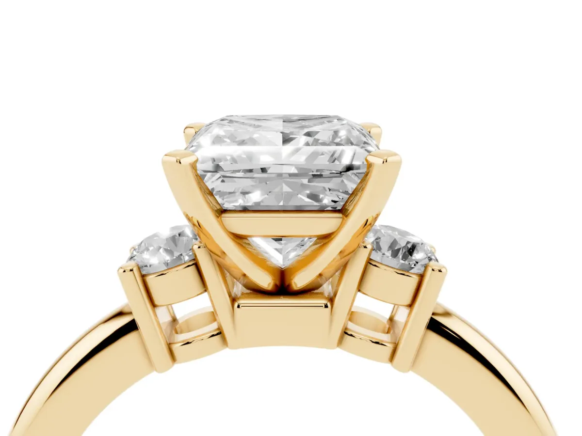 Three-Stone Princess Cut Cut Diamond Solitaire with Prong Setting and Classic Band Yellow gold
