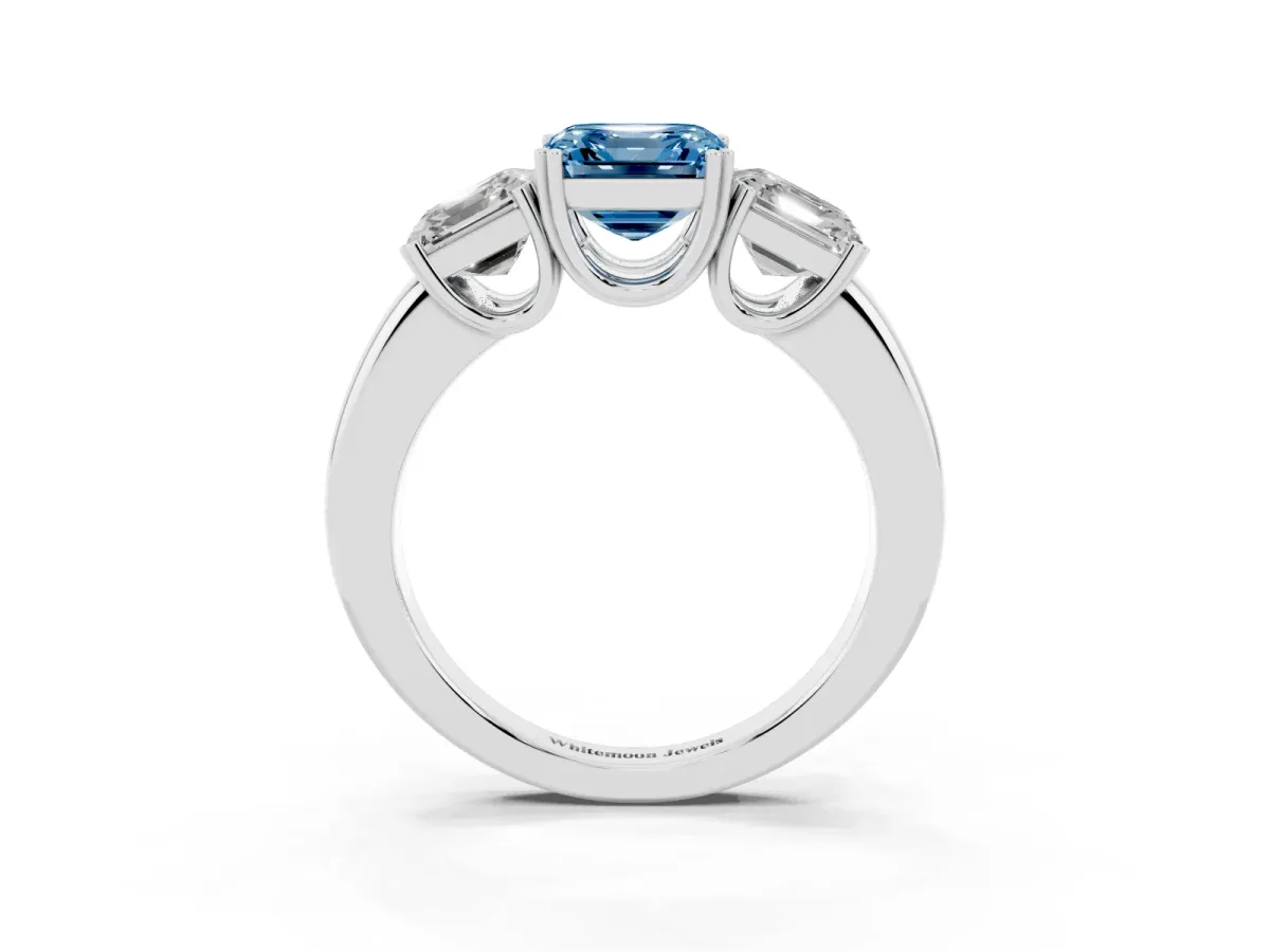 Fancy Blue Three-Stone Asscher Cut Cut Diamond Ring with Channel Set Band and Four-Prong Setting Silver