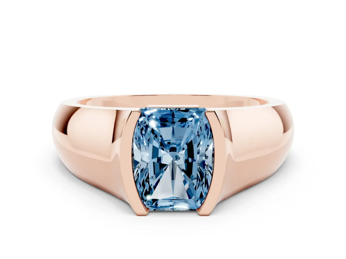 Fancy Blue Radiant Cut Solitaire Bezel Set Diamond Ring with Wide Band Rose gold