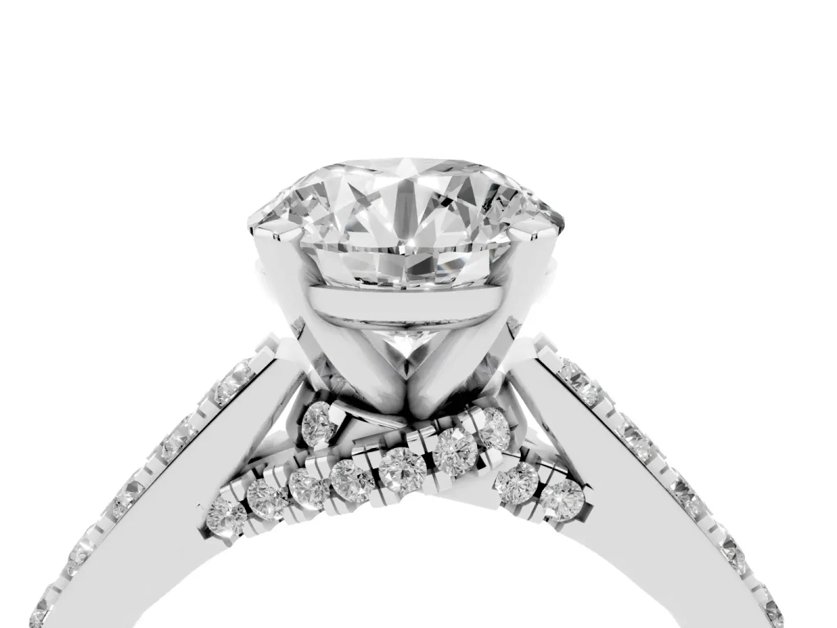 Round Cut Diamond Solitaire Ring with Crossover Gallery and Round Pavé Band Platinum